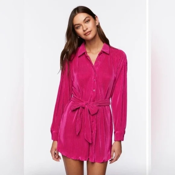 Forever 21 Dresses & Skirts - Hot Pink Plisse Button-Up Long Sleeve Belted Shirt Dress, Hot Pink Mini Dress